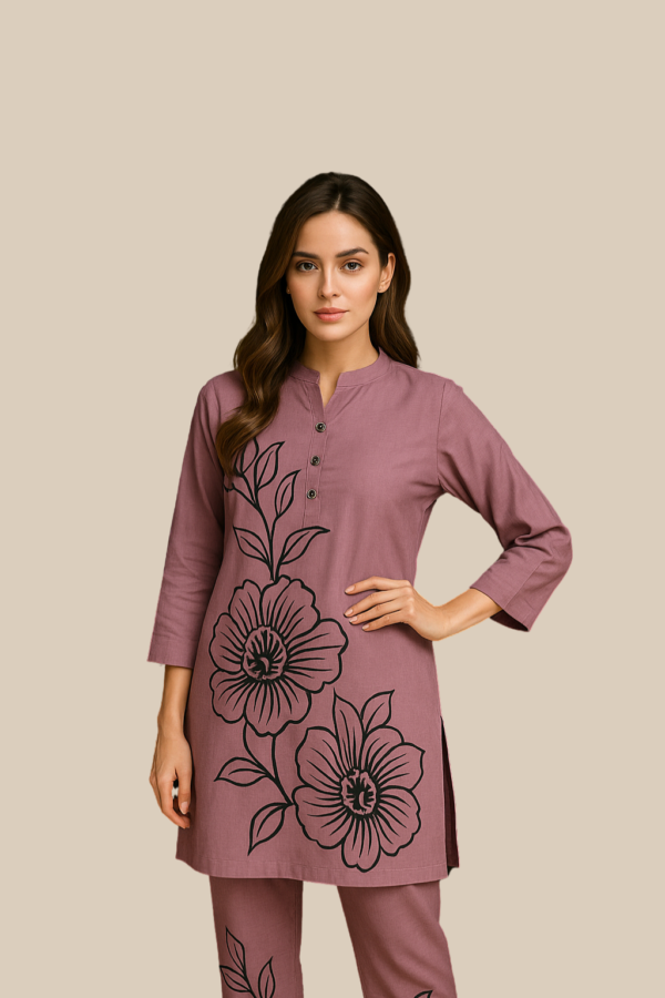 Women’s Cotton Printed Kurta Pant Co-Ord Set – Mauve Floral